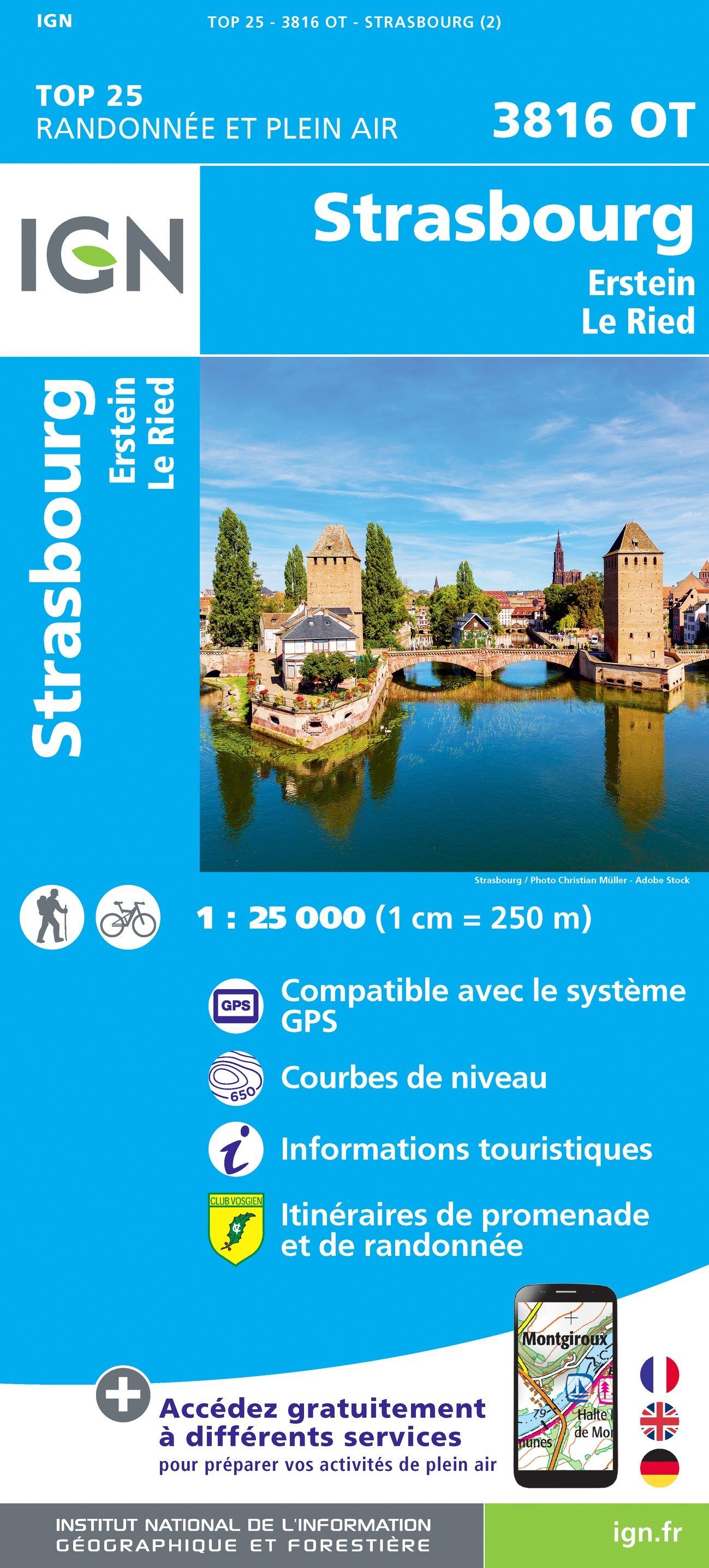 Carte TOP 25 n° 3816 OT - Strasbourg, Erstein, le Ried | IGN carte de randonnée IGN
