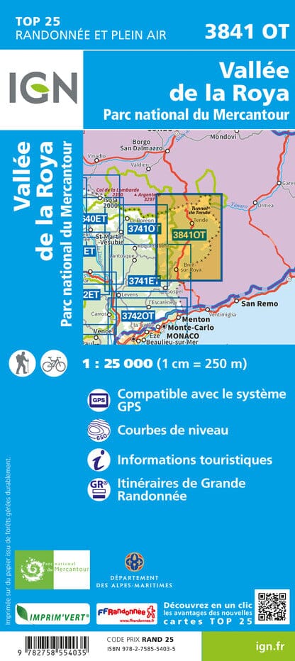 Carte TOP 25 n° 3841 OT - Vallée de la Roya, Parc national du Mercantour | IGN carte pliée IGN 