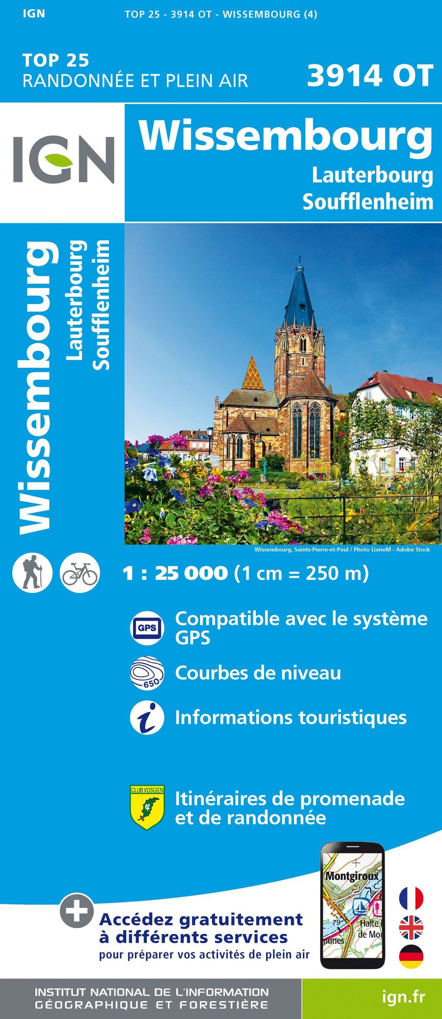 Carte TOP 25 n° 3914 OT - Wissembourg, Lauterbourg, Soufflenheim | IGN carte pliée IGN 