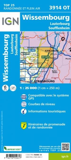 Carte TOP 25 n° 3914 OT - Wissembourg, Lauterbourg, Soufflenheim | IGN carte de randonnée IGN