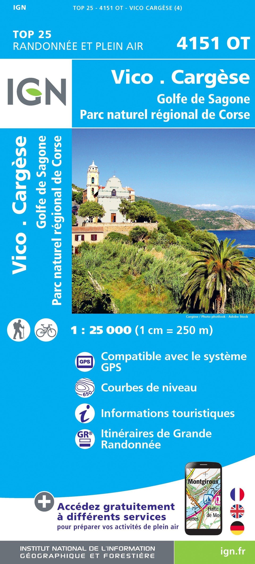 Carte TOP 25 n° 4151 OT - Vico, Cargese, Golfe de Sagone (PNR de Corse) | IGN carte pliée IGN 