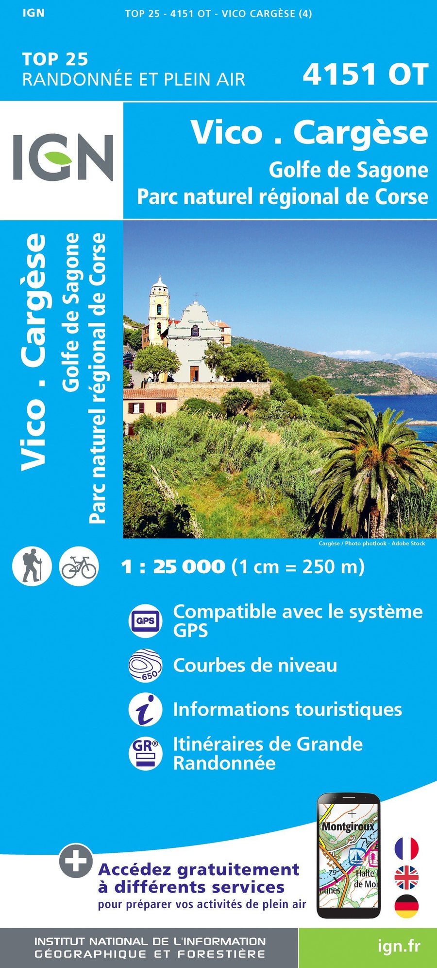 Carte TOP 25 n° 4151 OT - Vico, Cargese, Golfe de Sagone (PNR de Corse) | IGN carte pliée IGN 