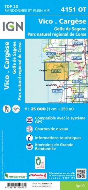 Carte TOP 25 n° 4151 OT - Vico, Cargese, Golfe de Sagone (PNR de Corse) | IGN carte de randonnée IGN