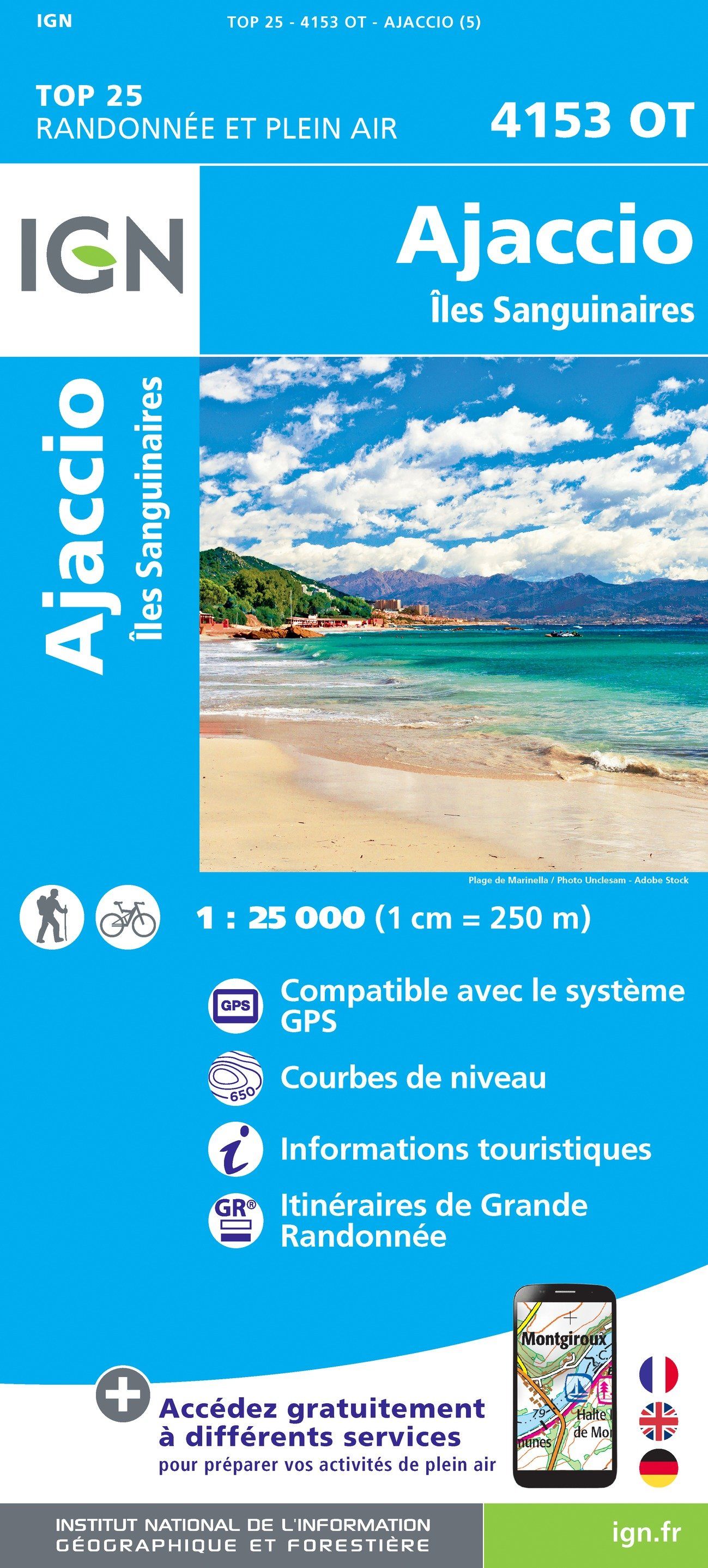 Carte TOP 25 n° 4153 OT - Ajaccio, Iles Sanguinaires | IGN carte de randonnée IGN