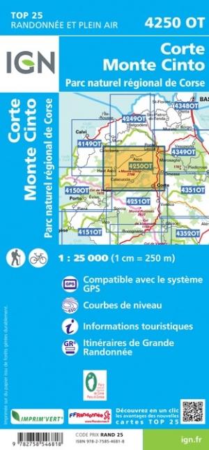 Carte TOP 25 n° 4250 OT - Corte, Monte Cinto, PNR de Corse | IGN carte de randonnée IGN