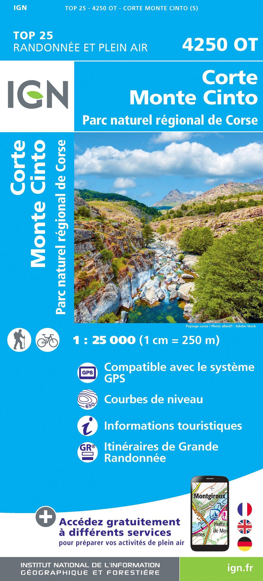 Carte TOP 25 n° 4250 OT - Corte, Monte Cinto, PNR de Corse | IGN carte pliée IGN 