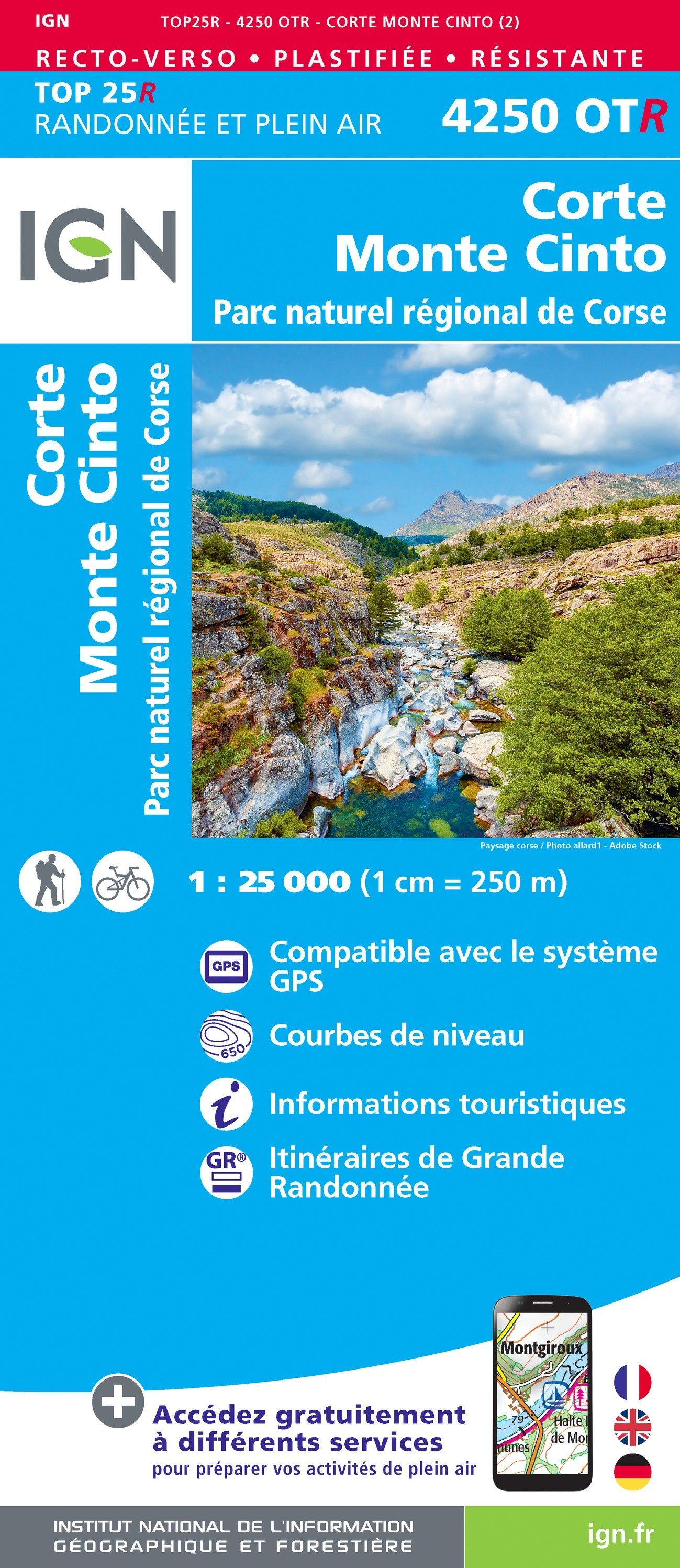 Carte TOP 25 n° 4250 OTR (Résistante) - Corte & Monte Cinto (PNR de Corse) | IGN carte de randonnée IGN