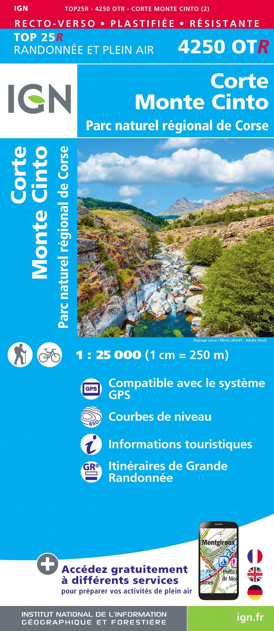 Carte TOP 25 n° 4250 OTR (Résistante) - Corte & Monte Cinto (PNR de Corse) | IGN carte pliée IGN 