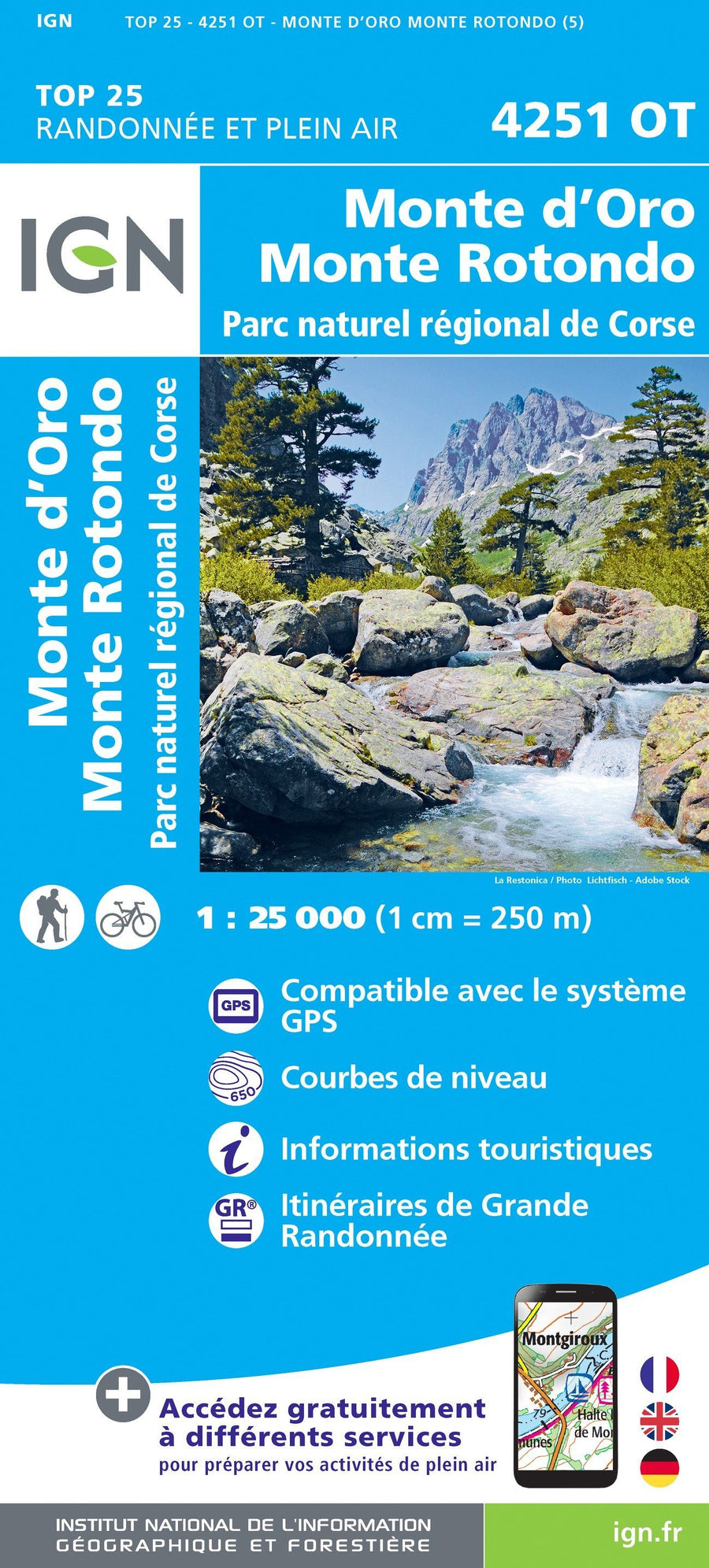 Carte TOP 25 n° 4251 OT - Monte d'Oro, Monte Rotondo (PNR de Corse) | IGN carte pliée IGN 