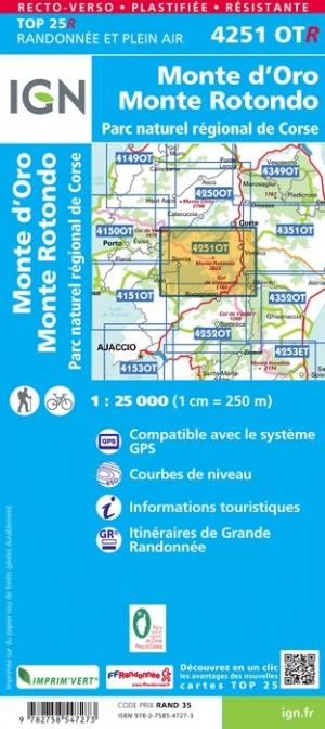 Carte TOP 25 n° 4251 OTR - Monte d'Oro, Monte Rotondo (PNR de Corse) | IGN carte pliée IGN 