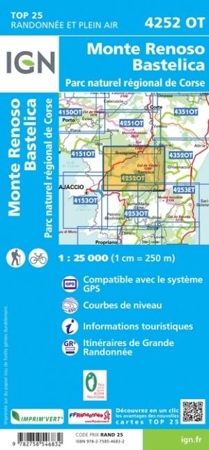 Carte TOP 25 n° 4252 OT - Monte Renoso, Bastelica (PNR de Corse) | IGN carte pliée IGN 