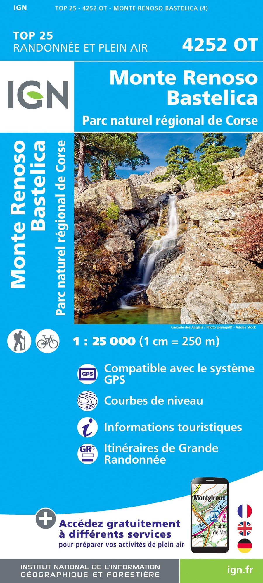 Carte TOP 25 n° 4252 OT - Monte Renoso, Bastelica (PNR de Corse) | IGN carte pliée IGN 