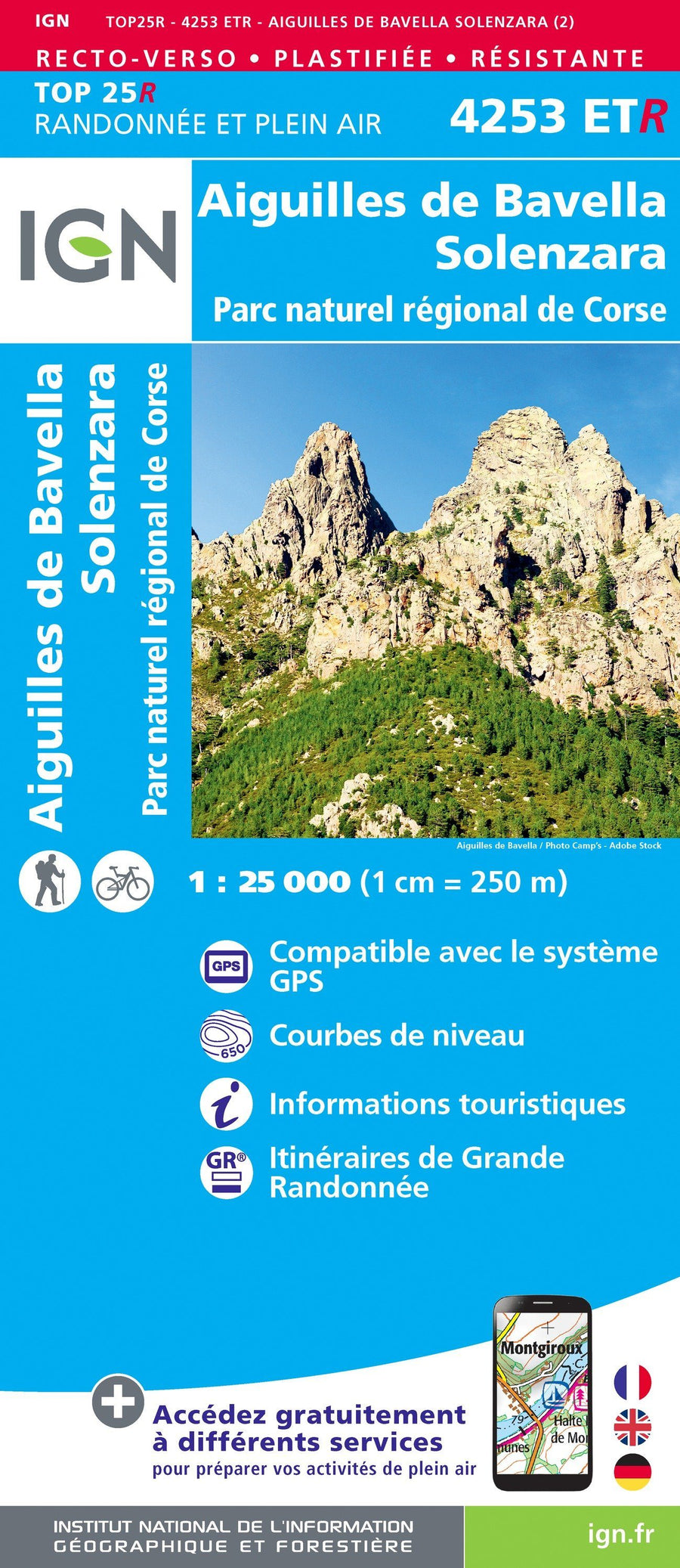 Carte TOP 25 n° 4253 ETR (résistante) - Aiguilles de Bavella, Solenzara (PNR de Corse) | IGN carte pliée IGN 