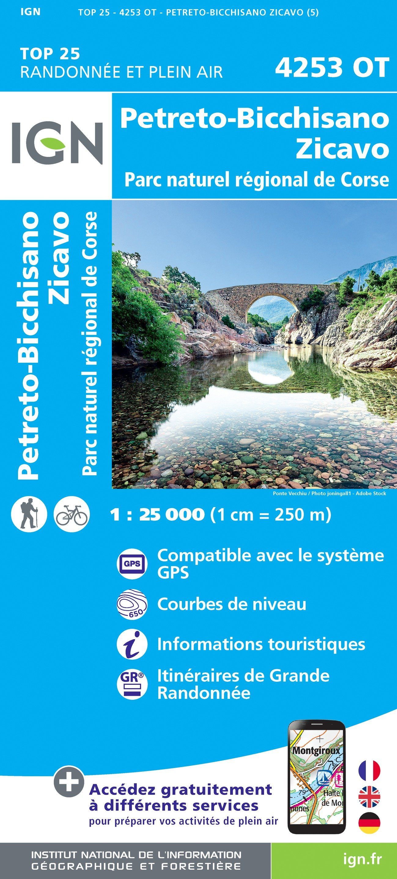 Carte TOP 25 n° 4253 OT - Petreto-Bicchisano, Zicavo (PNR de Corse) | IGN carte de randonnée IGN