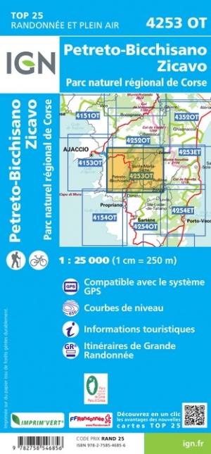 Carte TOP 25 n° 4253 OT - Petreto-Bicchisano, Zicavo (PNR de Corse) | IGN carte pliée IGN 
