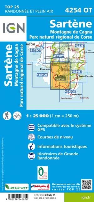 Carte TOP 25 n° 4254 OT - Sartène, Montagne de Cagna (PNR de Corse) | IGN carte pliée IGN 