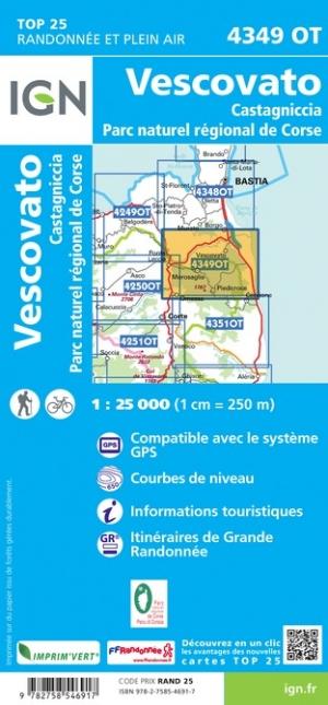Carte TOP 25 n° 4349 OT - Vescovato, Castagniccia (PNR de Corse) | IGN carte pliée IGN 