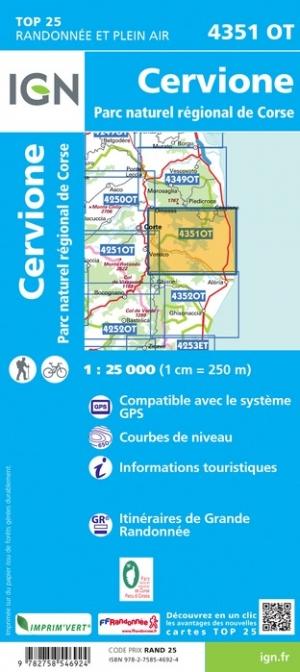 Carte TOP 25 n° 4351 OT - Cervione (PNR de Corse) | IGN carte de randonnée IGN