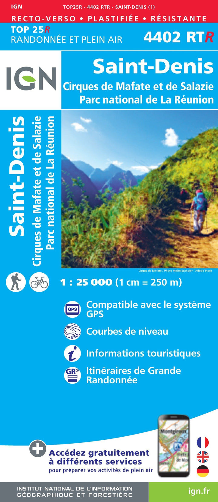 Carte TOP 25 n° 4402 RTR (résistante) - Saint Denis (Ile de la Réunion, Centre et Nord) | IGN carte pliée IGN 