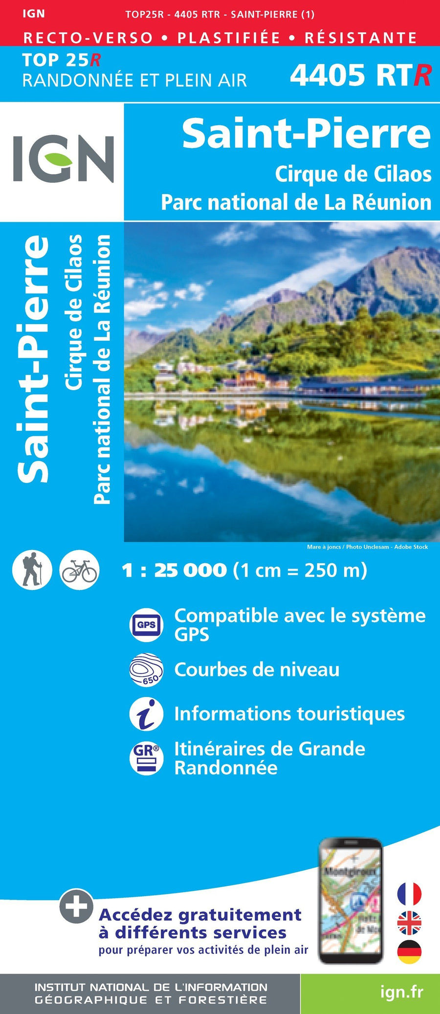 Carte TOP 25 n° 4405 RTR (résistante) - St Pierre, Cirque de Cilaos (Ile de la Réunion, Centre et Sud) | IGN carte pliée IGN 