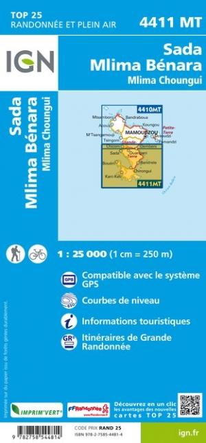 Carte TOP 25 n° 4411 MT - Mayotte Sud (archipel des Comores), Sada, Mlima Bénara, Mlima ChounguiI | IGN carte pliée IGN 