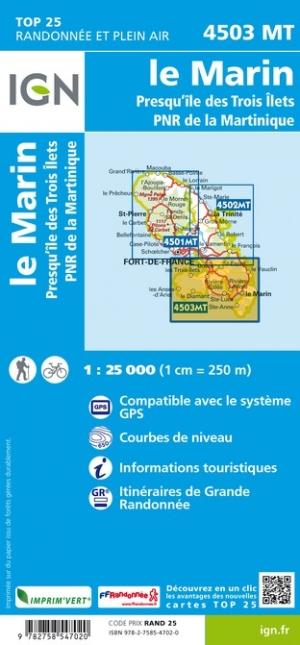 Carte TOP 25 n° 4503 MT - Martinique Sud (le Marin, presqu'île des Trois Îlets) | IGN carte de randonnée IGN