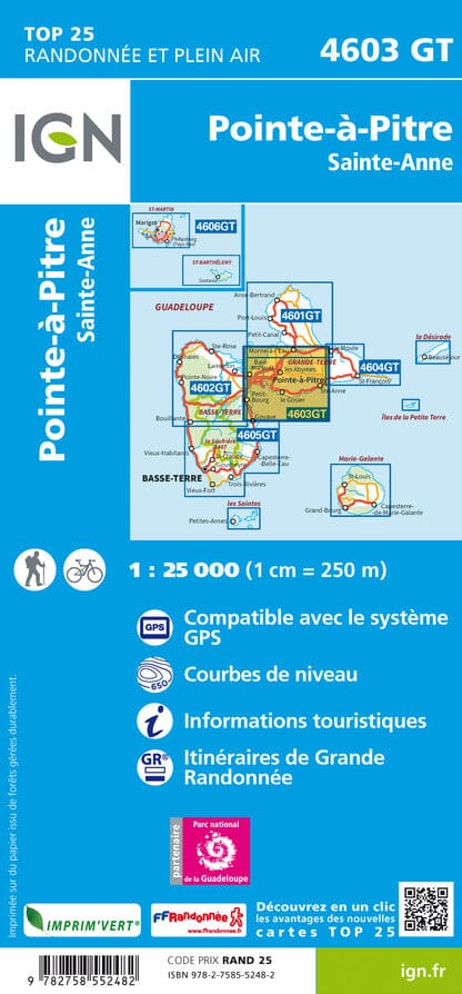 Carte TOP 25 n° 4603 GT - Pointe à Pitre, Sainte Anne (Guadeloupe) | IGN carte de randonnée IGN