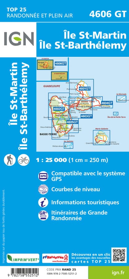 Carte TOP 25 n° 4606 GT - Iles de Saint-Martin & Saint-Barthélemy | IGN carte pliée IGN 