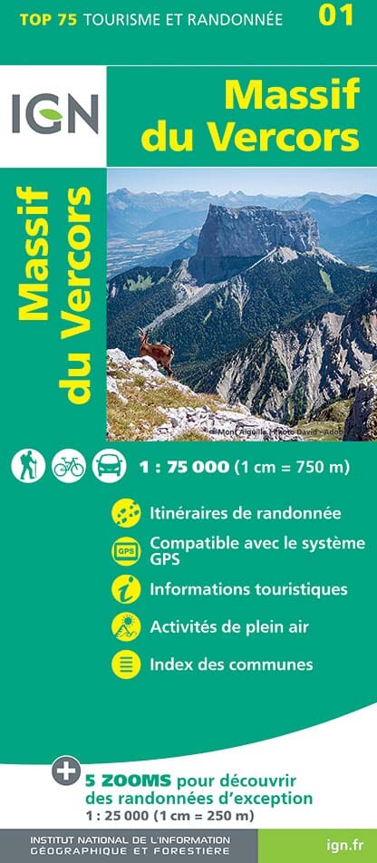 Carte TOP 75 n° 1 - Massif du Vercors | IGN carte de randonnée IGN