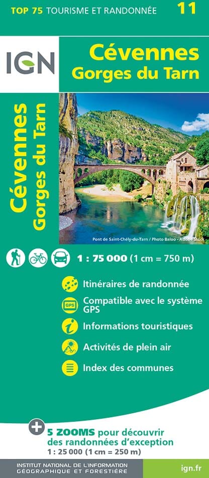 Carte TOP 75 n° 11 - Cévennes et Gorges du Tarn | IGN carte de randonnée IGN