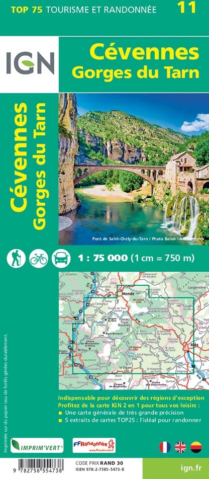 Carte TOP 75 n° 11 - Cévennes et Gorges du Tarn | IGN carte de randonnée IGN