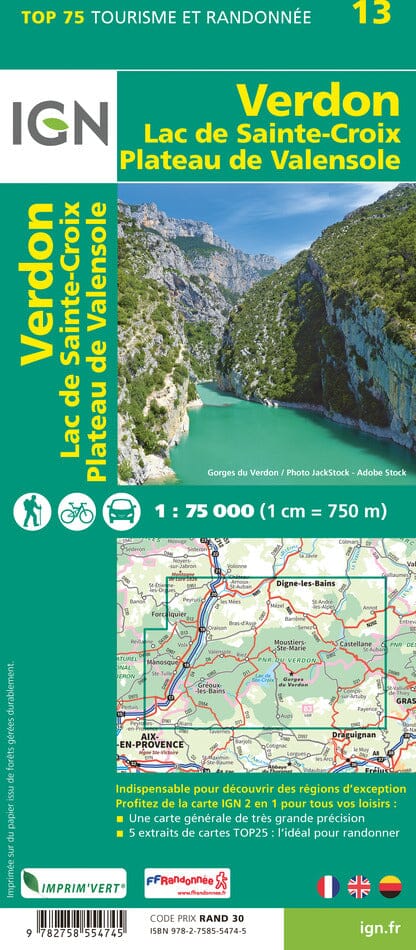 Carte TOP 75 n° 13 - Gorges du Verdon, lac de Sainte-Croix & Plateau de Valensole | IGN carte pliée IGN 