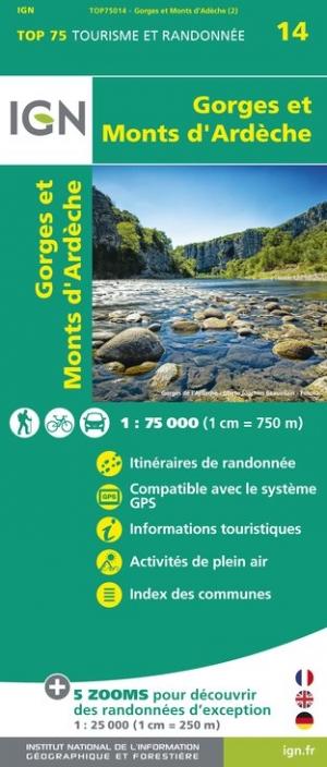 Carte TOP 75 n° 14 - Gorges & Monts d'Ardèche | IGN carte de randonnée IGN