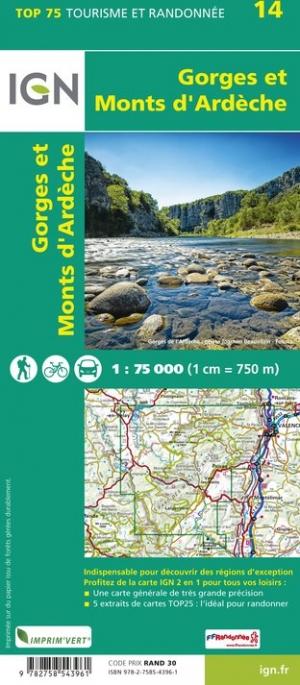 Carte TOP 75 n° 14 - Gorges & Monts d'Ardèche | IGN carte de randonnée IGN