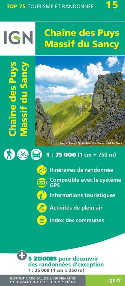Carte TOP 75 n° 15 - Chaînes des Puys & Massif du Sancy | IGN carte de randonnée IGN