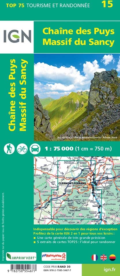 Carte TOP 75 n° 15 - Chaînes des Puys & Massif du Sancy | IGN carte de randonnée IGN