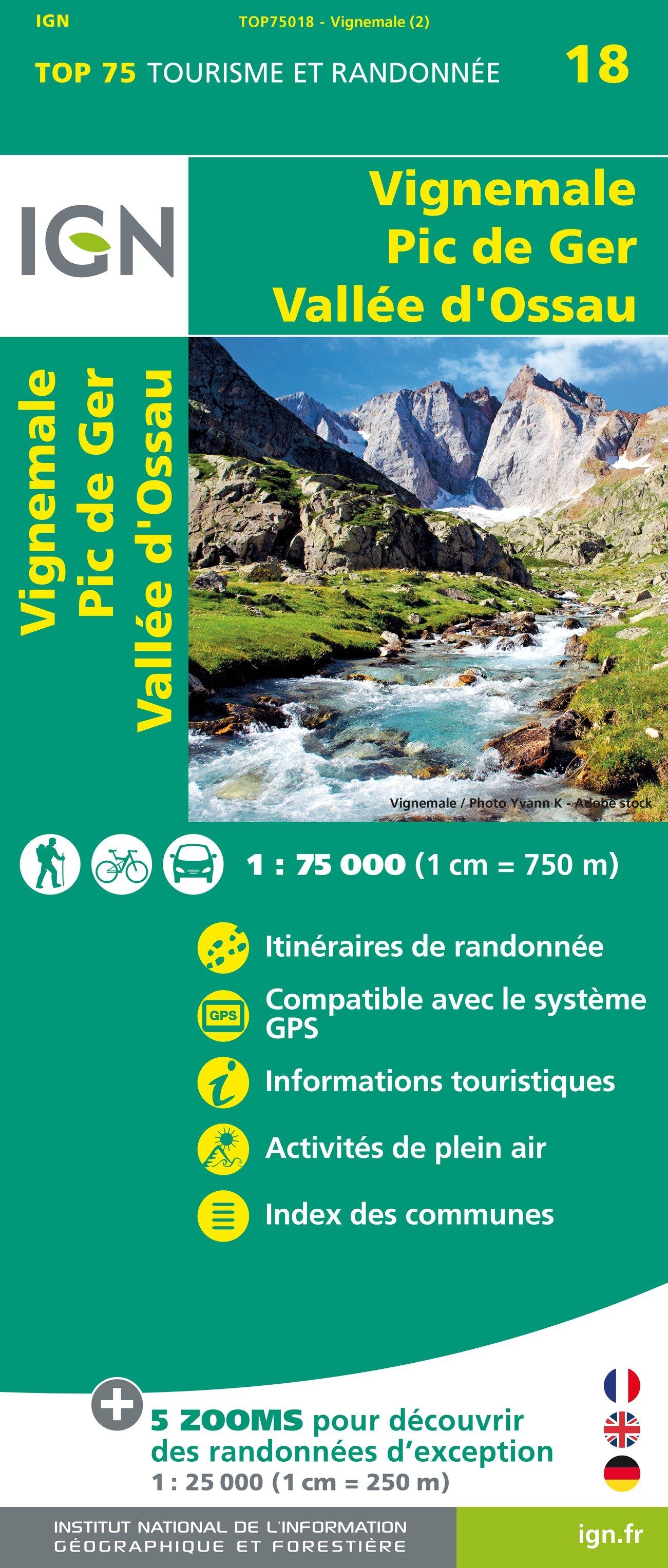 Carte TOP 75 n° 18 - Vignemale, Pic de Ger & Vallée d'Ossau (Pyrénées) | IGN carte de randonnée IGN