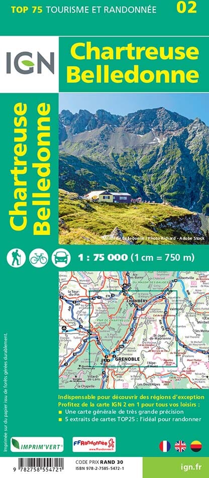 Carte TOP 75 n° 2 - Massif de la Chartreuse et du Belledonne | IGN carte de randonnée IGN