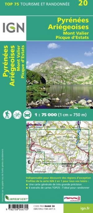 Carte TOP 75 n° 20 - Pyrénées Ariégeoises, Mont Valier & Pique d'Estats | IGN carte de randonnée IGN