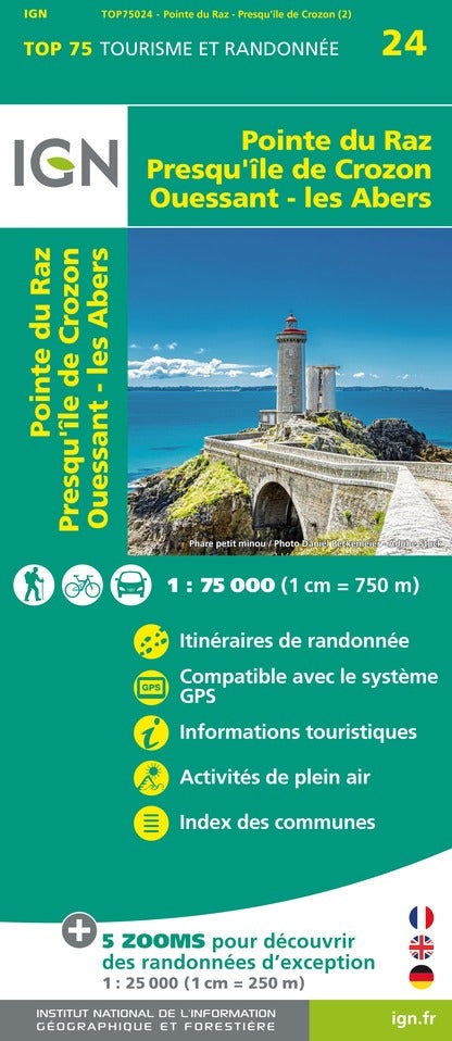 Carte TOP 75 n° 24 - Pointe du Raz, Presqu'île de Crozon, Ouessant, Les Abers | IGN carte de randonnée IGN