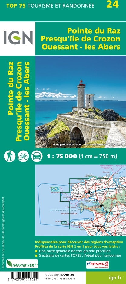 Carte TOP 75 n° 24 - Pointe du Raz, Presqu'île de Crozon, Ouessant, Les Abers | IGN carte de randonnée IGN