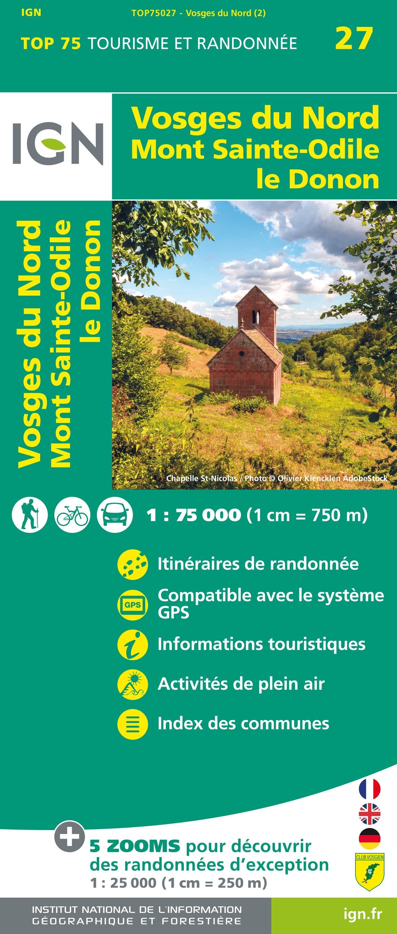 Carte TOP 75 n° 27 - Vosges du Nord, Mont Sainte-Odile, Le Donon | IGN carte de randonnée IGN
