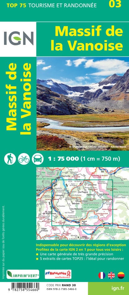Carte TOP 75 n° 3 - Massif de la Vanoise | IGN carte de randonnée IGN