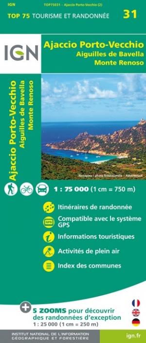 Carte TOP 75 n° 31 - Ajaccio, Porte Vecchio, Aiguilles de Bavella, Monte Renoso (Corse) | IGN carte pliée IGN 