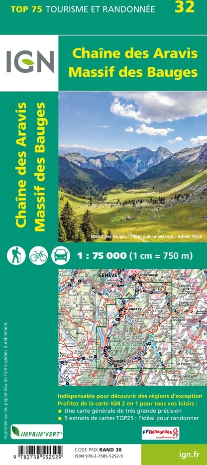 Carte TOP 75 n° 32 - Chaîne des Aravis & Massif des Bauges | IGN carte de randonnée IGN