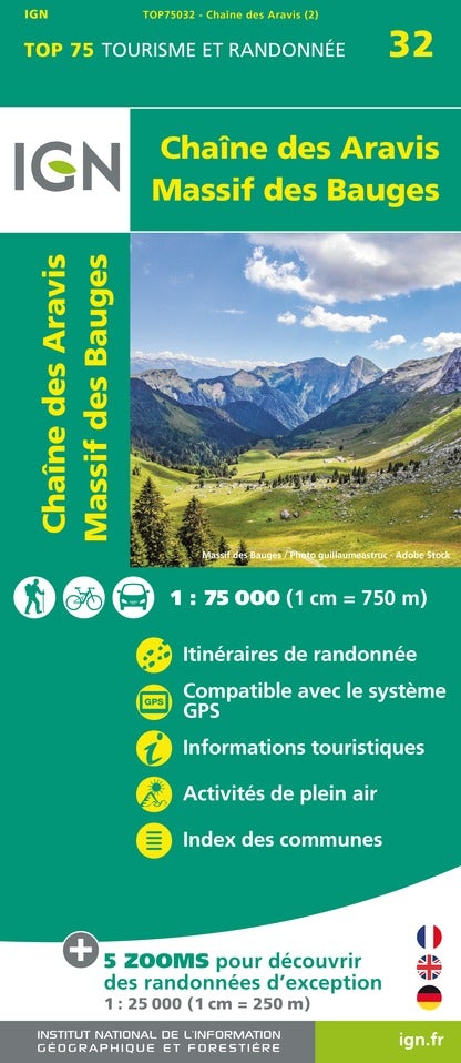 Carte TOP 75 n° 32 - Chaîne des Aravis & Massif des Bauges | IGN carte de randonnée IGN