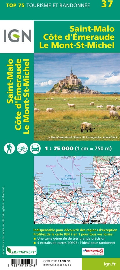 Carte TOP 75 n° 37 - Saint Malo, Côte d'Emeraude, Mont-St-Michel | IGN carte de randonnée IGN