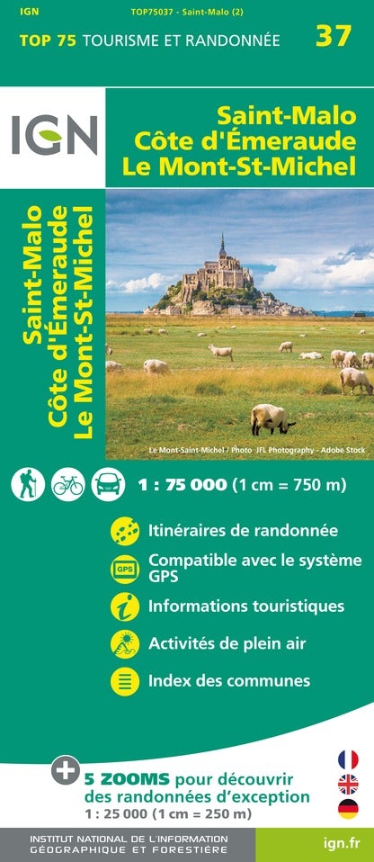 Carte TOP 75 n° 37 - Saint Malo, Côte d'Emeraude, Mont-St-Michel | IGN carte de randonnée IGN