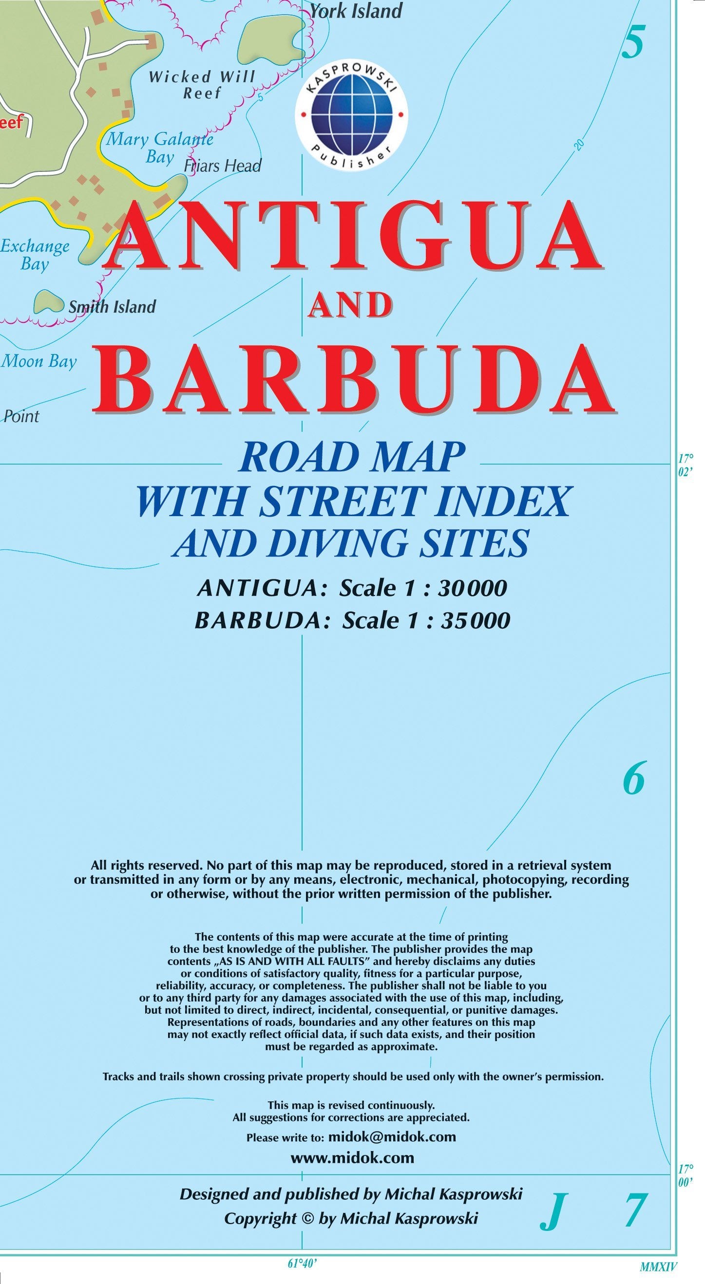 Carte topographique - Antigua, Barbuda | Kasprowski carte de randonnée Kasprowski