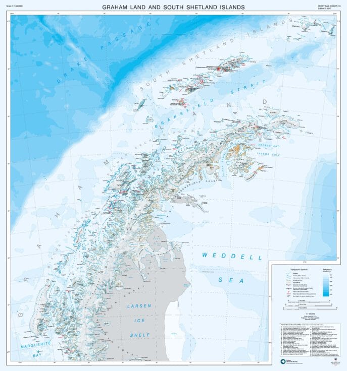 Carte topographique de la Terre de Graham, des îles Shetland du Sud et de la mer de Scotia | British Antarctic Survey carte routière British Antarctic Survey